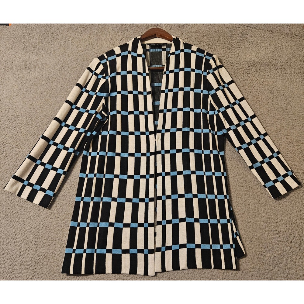Ming Wang Women Large Knit Cardigan Jacket Geometric Grid Open Front Black Blue